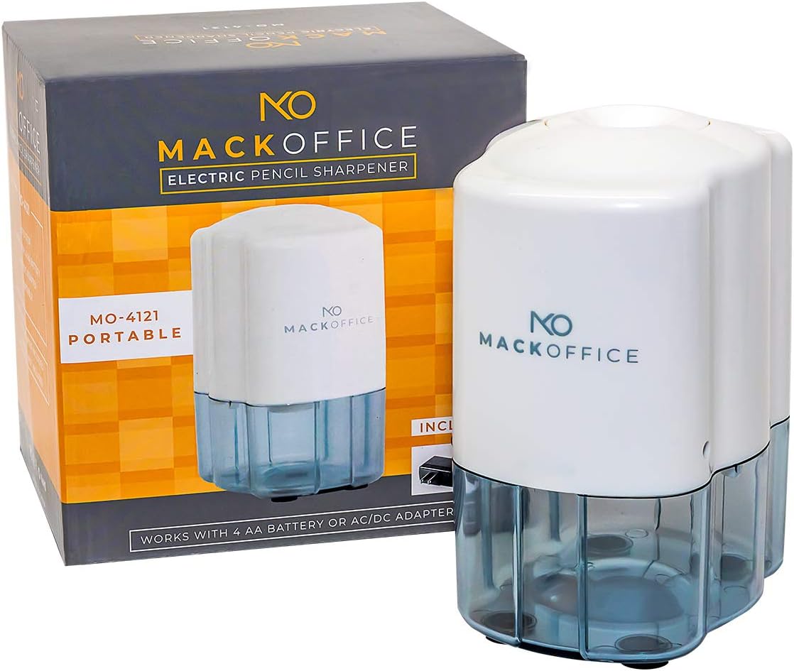 MackOffice, Electric Pencil Sharpener, Heavy Duty, Auto-Stop, Ultra-Portable, Helical Steel Blade, No.2/Colored Pencils (6-8mm) For School, Home, Office, Battery Powered and Plug in (Included) White