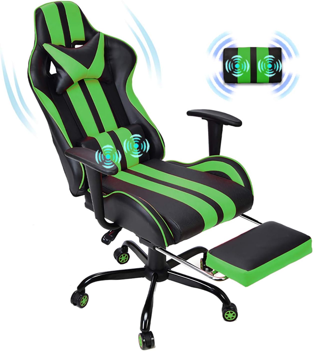 E-Sports Chair,Massage Gaming Chair,Racing Office Computer Game Chair,Ergonomic Gaming Chair,Racing Style with Adjustable Recliner and Retractable Footrest and Headrest/Lumbar Pillow(Gaming Green)