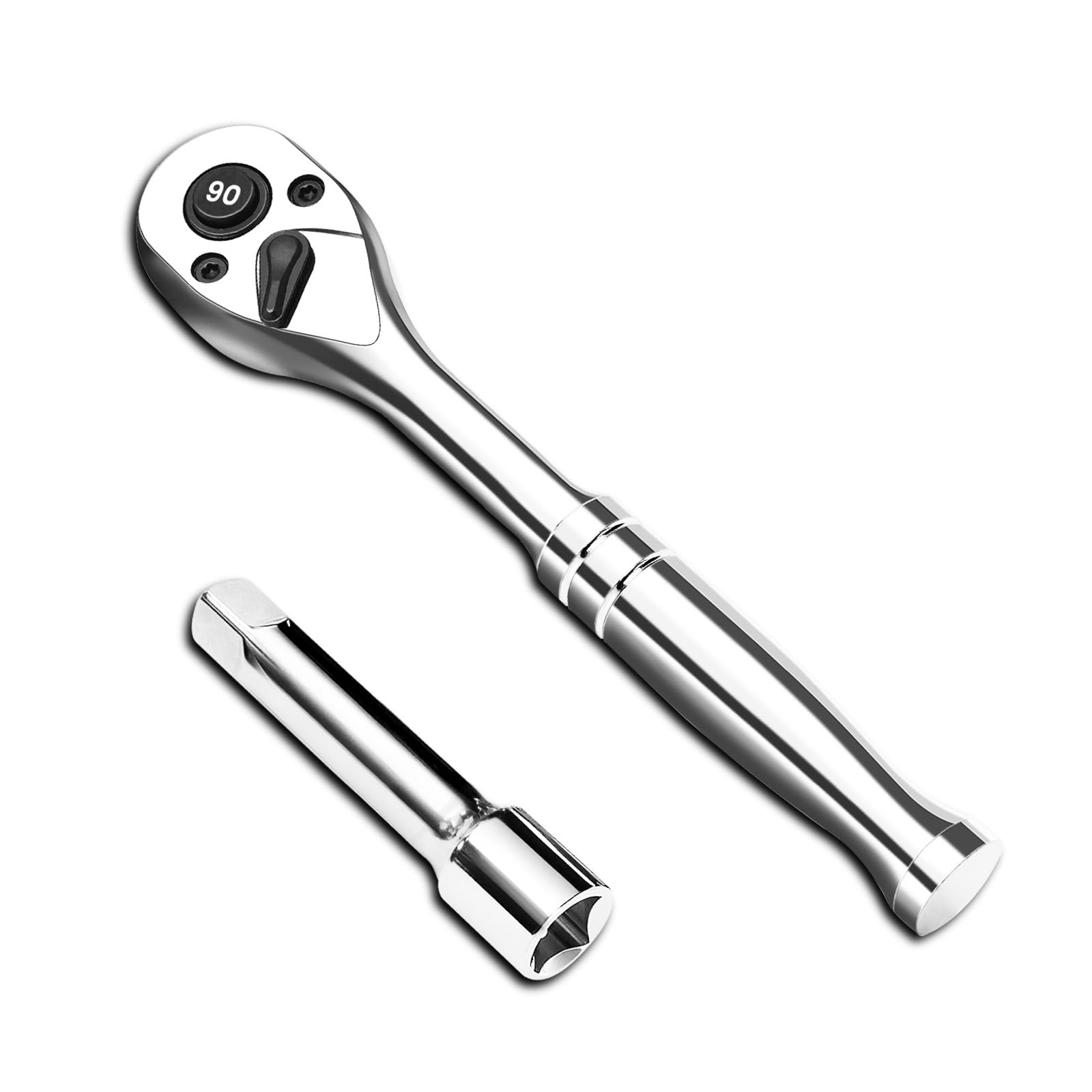 Photo 1 of 1/4-Inch Drive Ratchet Wrench, 90-Tooth Quick-release Reversible Ratchet Wrench with an Extension Bar(2 inch), 5" Long Socket wrench, 4-Degree Swing, Full Polished,Cr-Mo Head For Gifting,Repairing