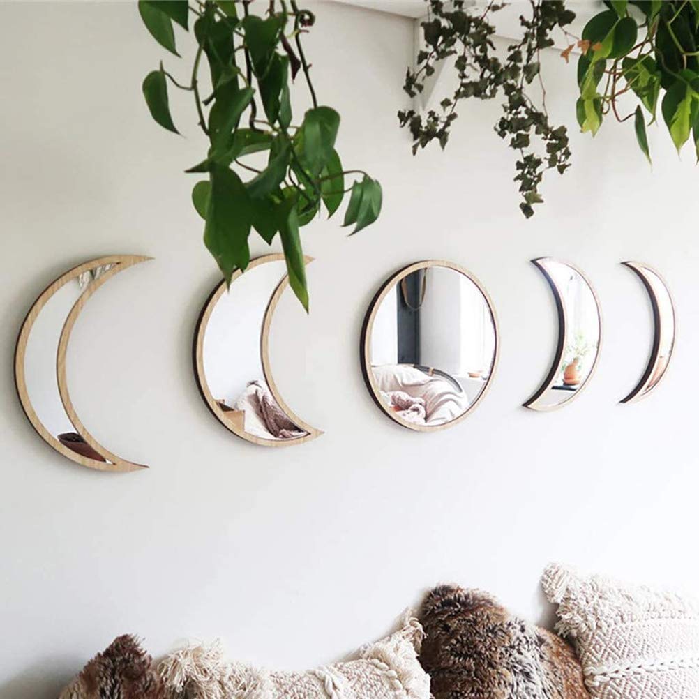 TOPINCN 5Pcs Moon Phase Mirror Set, Acrylic Wall Decorative Mirror Wooden Frame Moon Phase Mirror Home Decor Wall Hanging Mirror for Home Living Room Bedroom Decor (wood color)
