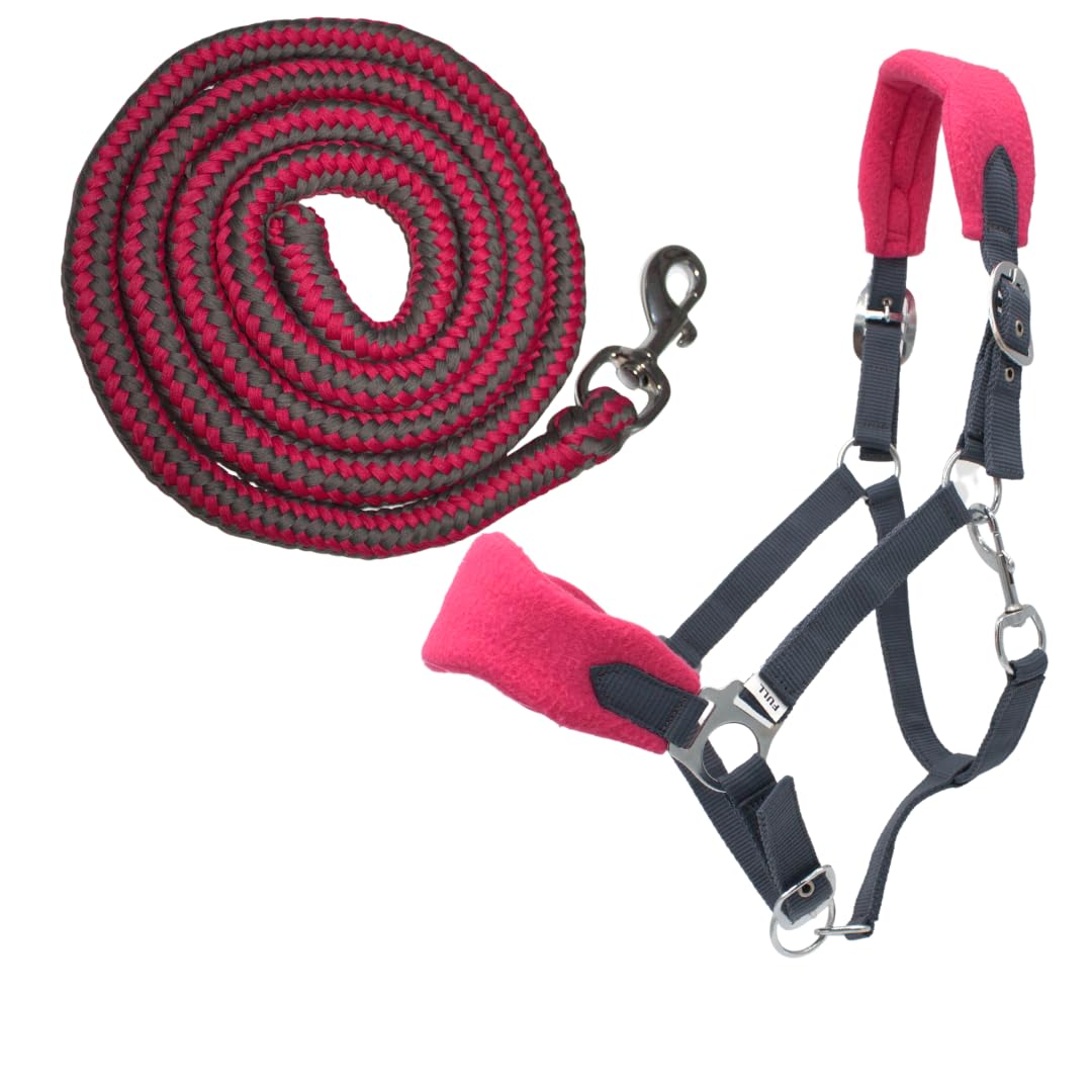 PFIFF Sunny 103103 Headcollar Set, 3-Piece Set Consisting of Headcollar, Knit and Fly Fringes, Individually Adjustable, Grey/Pink, Full