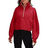 Heltapy Womens Sweatshirts Half Zipper Crop Pullover Funnel Neck Fleece Lined Zip Up Long Sleeve Tops Thumb Hole Red