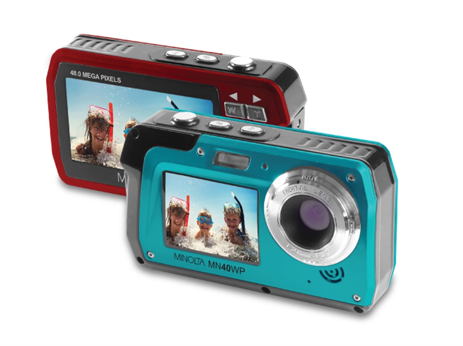 Minolta MN40WP 48MP Waterproof Digital Camera – Dual LCD Screens, 2.7K QHD Video, 16x Digital Zoom, Anti-Shake, Face Detection, 10ft Waterproof (Red)