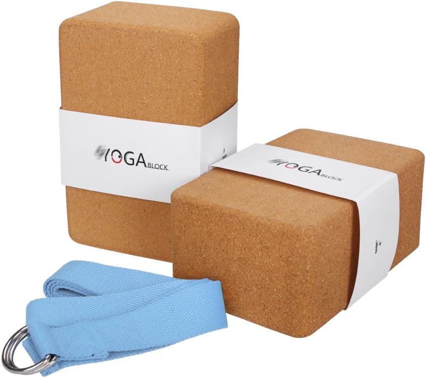 JBM Yoga Blocks 2 Pack Plus Strap Cork Yoga Block Yoga Brick, Natural & Eco-Friendly Cork Yoga Block to Support and Deepen Poses, Lightweight, Odor-Resistant and Moisture-Proof