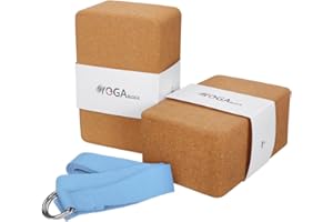 JBM 2 Pack Yoga Blocks with Strap Cork Yoga Block Yoga Brick, Heavy-duty Cork Yoga Block to Support and Deepen Poses