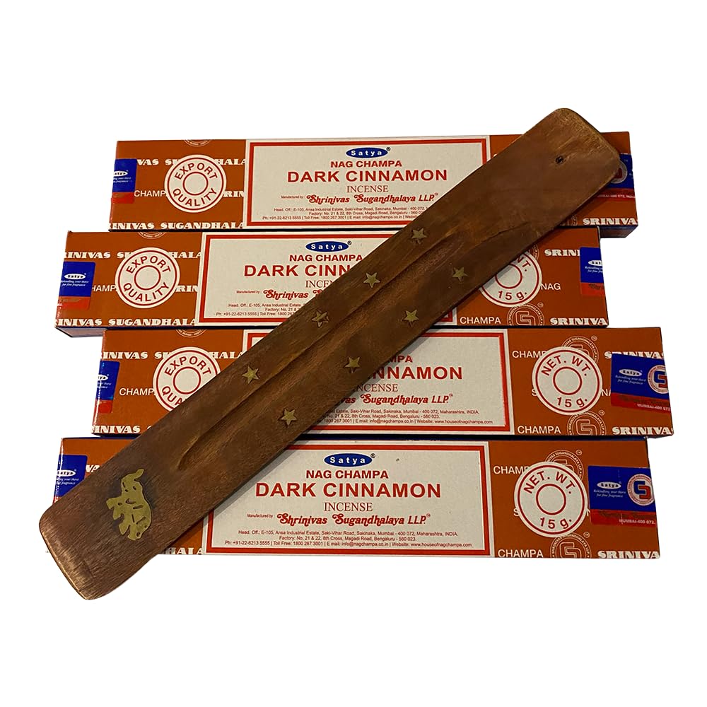 VIE Satya Incense Sticks, 4 Packs x 15g, with Incense Holder, Dark Cinnamon