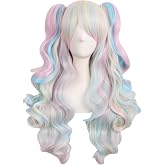 MapofBeauty Lolita Long Curly Clip on Ponytails Cosplay Wig, Pink/Blue/Gold | Multi-color, Synthetic