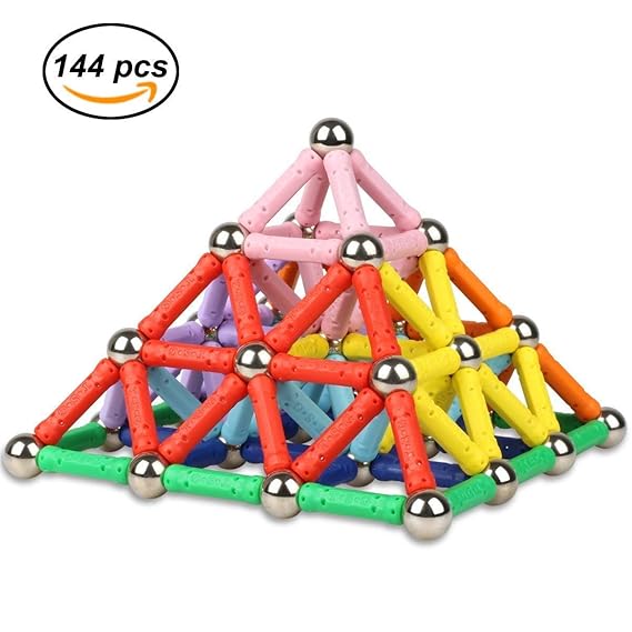 Ukissim 144 Stücke Magnetisch Bausteine, Magnetische Sticks Baustein Spielzeug, Kinder Intelligenz Lernspielzeug und Gehirn T