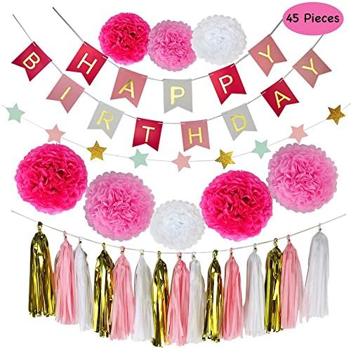 Party Decorations, Parlie 45pcs Party Decors and Supplies, Set includes Happy Birthday Banner, Paper Tassels, Pompoms and Garland Stars for Girls