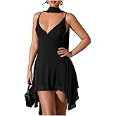 SOLY HUX Women's Deep V Neck Ruffle Mesh Dress Spaghetti Strap Asymmetrical Mini Dresses with Scarf