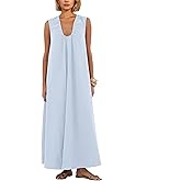 Livtany Women's Scoop Neck Ruched Maxi Dress Flowy Swing Wide Straps Long Dress Casual Sleeveless Sundress with Side Pockets