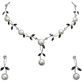 Faship Gorgeous CZ Crystal Genuine Freshwater Pearls Floral Necklace Earrings Set
