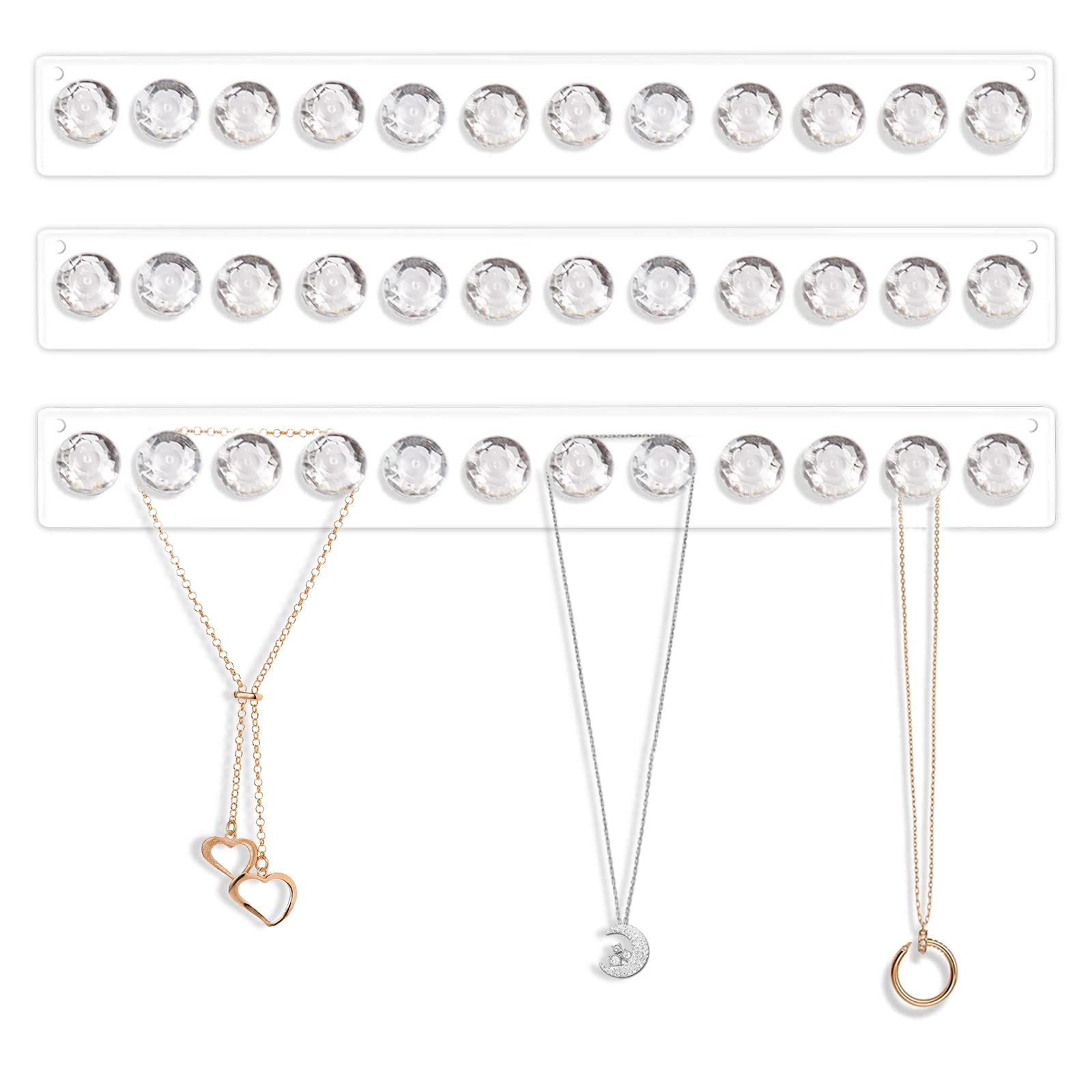 CECOLIC Clear Acrylic Necklaces Holder Wall Mounted Necklace Hangers Hanging Jewelry Organizer with 12 Diamond Shape Hooks - 3 Pack