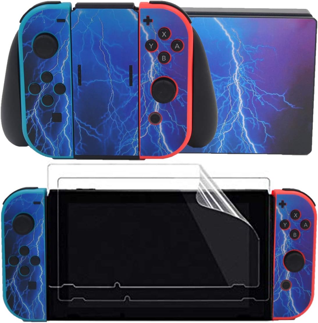 Taifond Decals Stickers Set Faceplate Skin +2Pcs Screen Protector for Nintendo Switch Console & Joy-Con Controller & Dock Protection Kit (Blue Lightning): Computers & Accessories