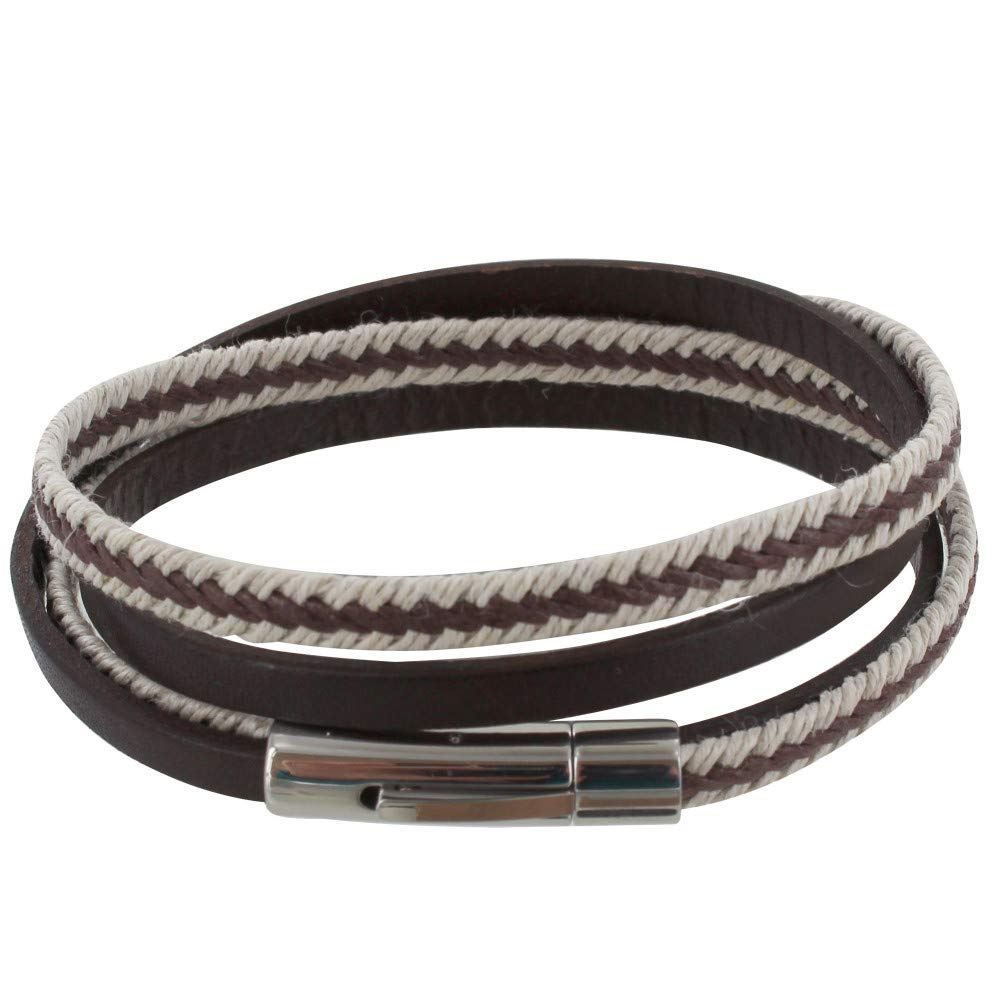 LES POULETTES BIJOUX - Men Bracelet Double Turn Dark Brown Leather Braid Flax Brown and Beige - taille 19 cm