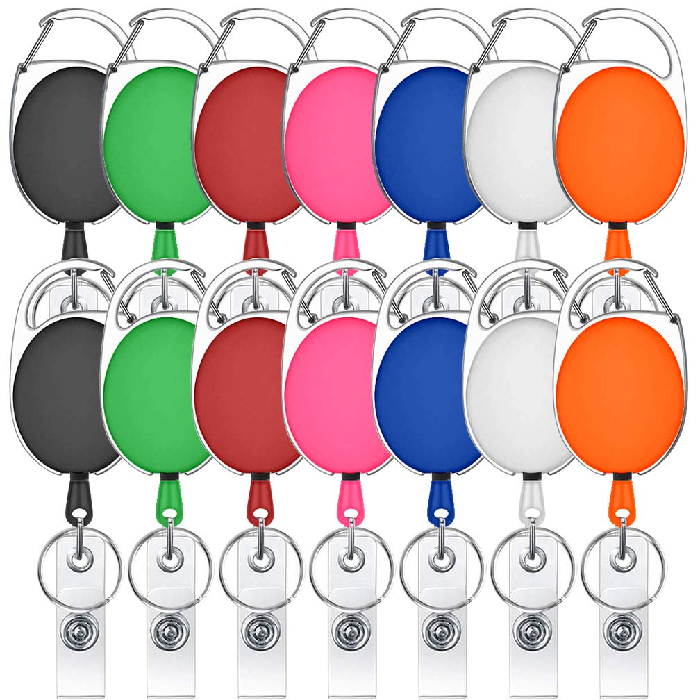 14 Pack Retractable Badge Holder Mixed Colors Carabiner Badge Reel with Clips for Key Ring and ID Cards 7 Color