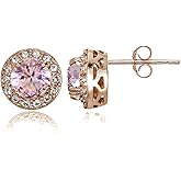 Rose Gold Flashed Sterling Silver Simulated Gemstone and CZ Accents Round Halo Stud Earrings