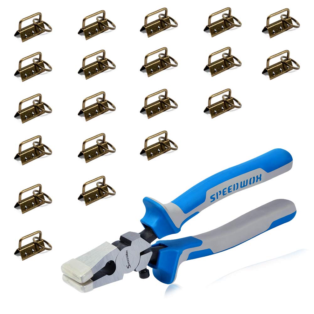 SPEEDWOX Key Fob Pliers and 20 Sets 1.25 Inch Key Fob Hardware with Split Rings Antique Brass Webbing Fabric Crafts Wristlet Set Glass Breaking Pliers Tools with Rubber Tips