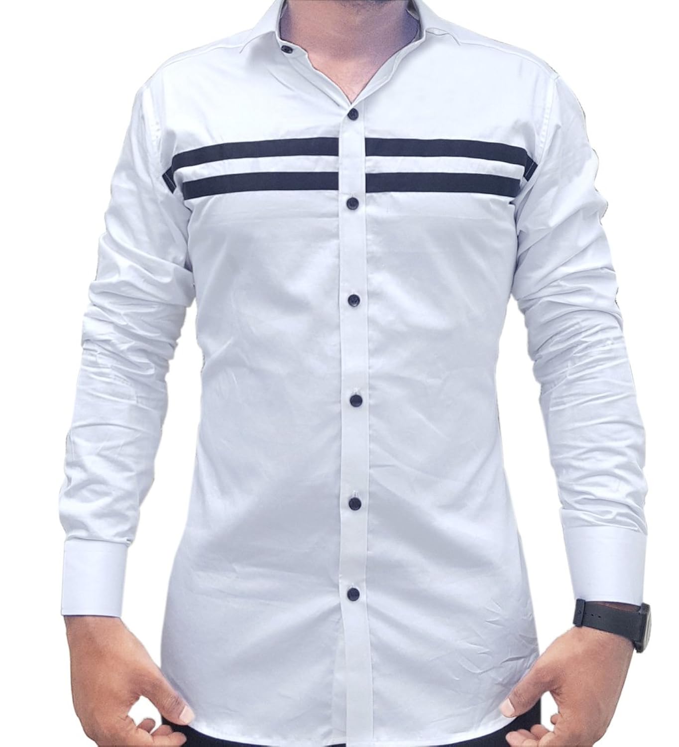 s.n. men's cotton casual long sleeves slim fit shirts white