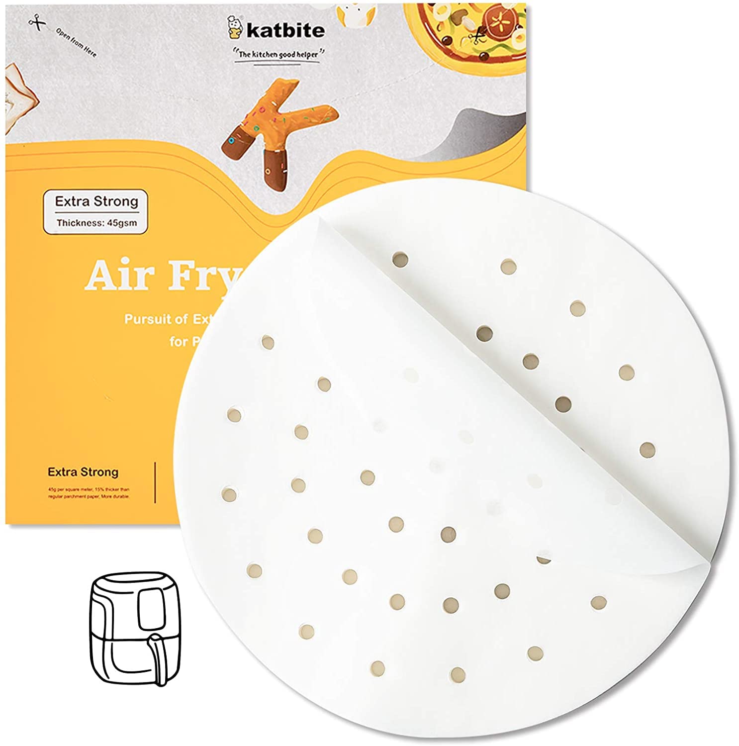 katbite 120Pcs 7.5Inch Heavy Duty Air Fryer Liners Parchment Paper, Round Perforated Parchment Paper for Air Fryer, Uses for 3.3 L - 3.7 L Air Fryers, Bamboo, Metal Steamer