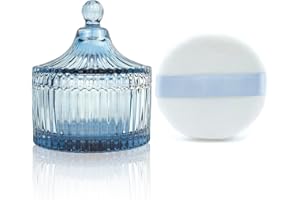 YILUSHENGHUA Ultra Soft Powder Puff and Container 3.3" High Density Velvet Dusting Washable Reusable Powder Puff,Body Powder Puff and Glass Jar Holder Loose Powder Box with Puff for Face Makeup(Grey-blue)