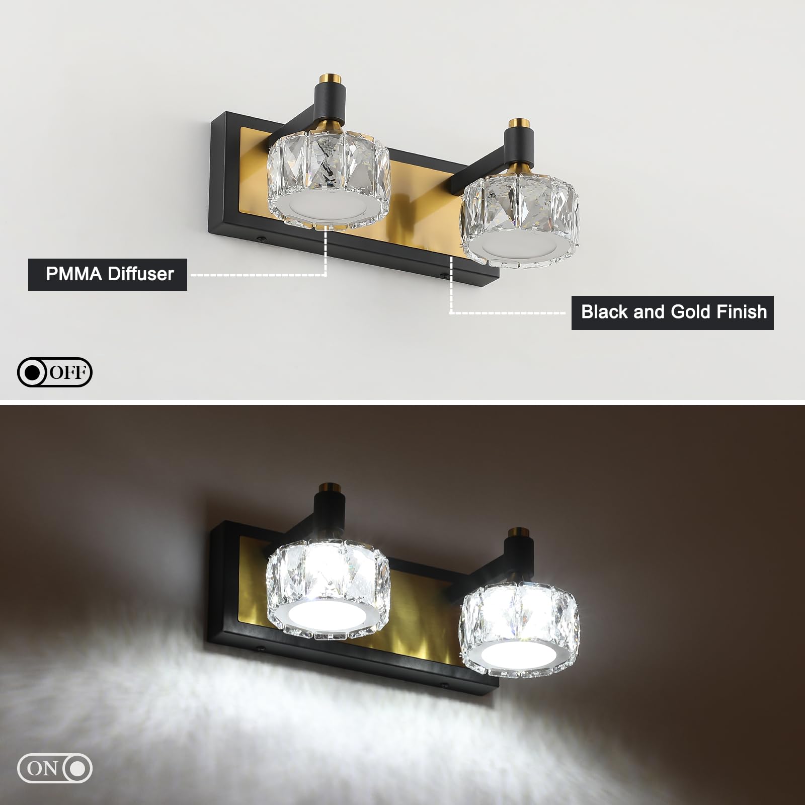 Crystal Wall Sconces Black Gold Wall Light Fixtures Bedroom Wall Lights with Glass Shade Modern Sconces Wall Lighting Black Sconce for Living Room Bathroom Wall Lamp