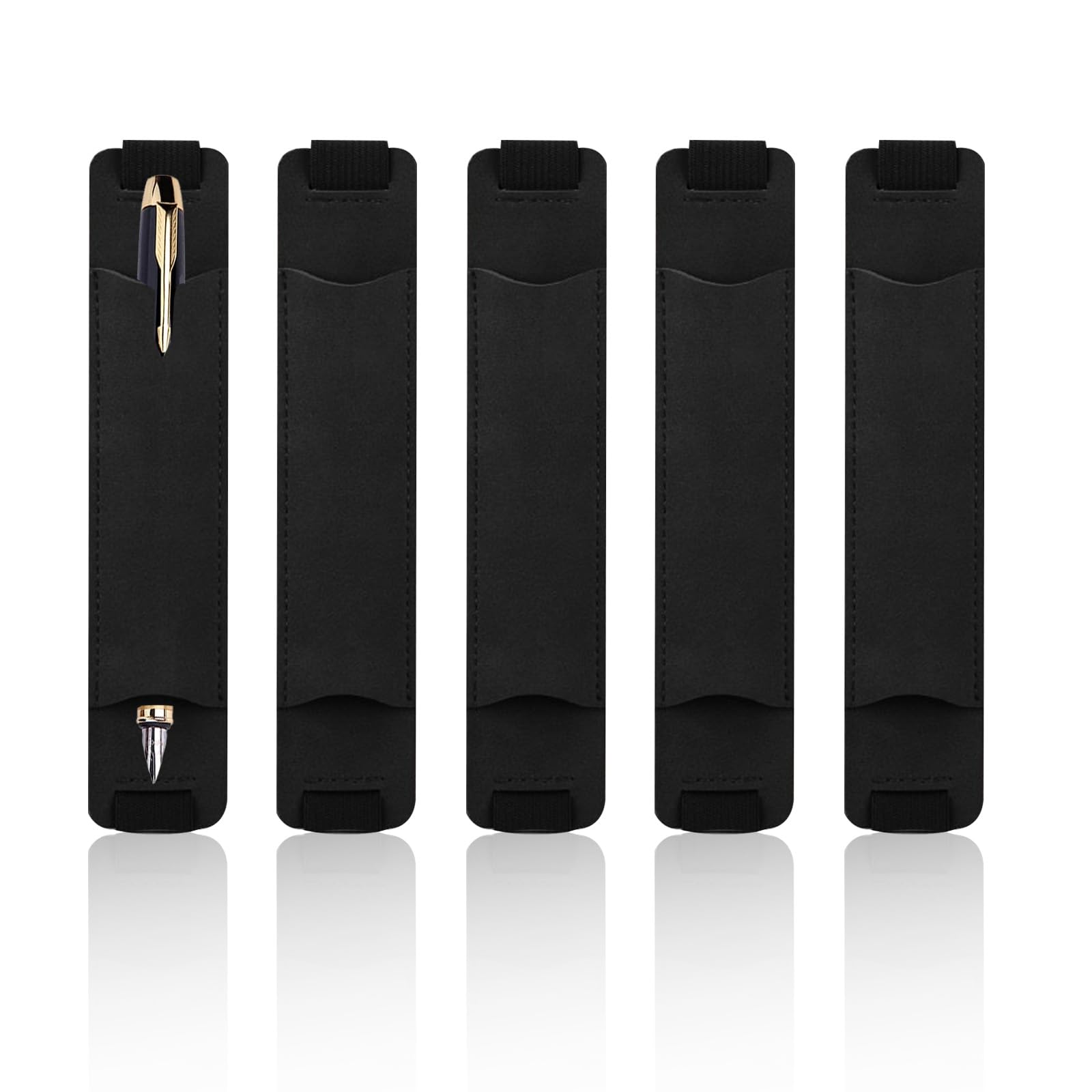 5 Pcs Adjustable Pen Holder for Notebook Elastic Strap, PU Leather Pen Sleeve Pouch, Detachable Journal Pen Holder for Book Clipboard Hardcover (black)