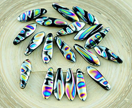 30pcs Black Zebra Peacock Vitrail Czech Glass Dagger Beads Flat Leaf 5mm x 16mm