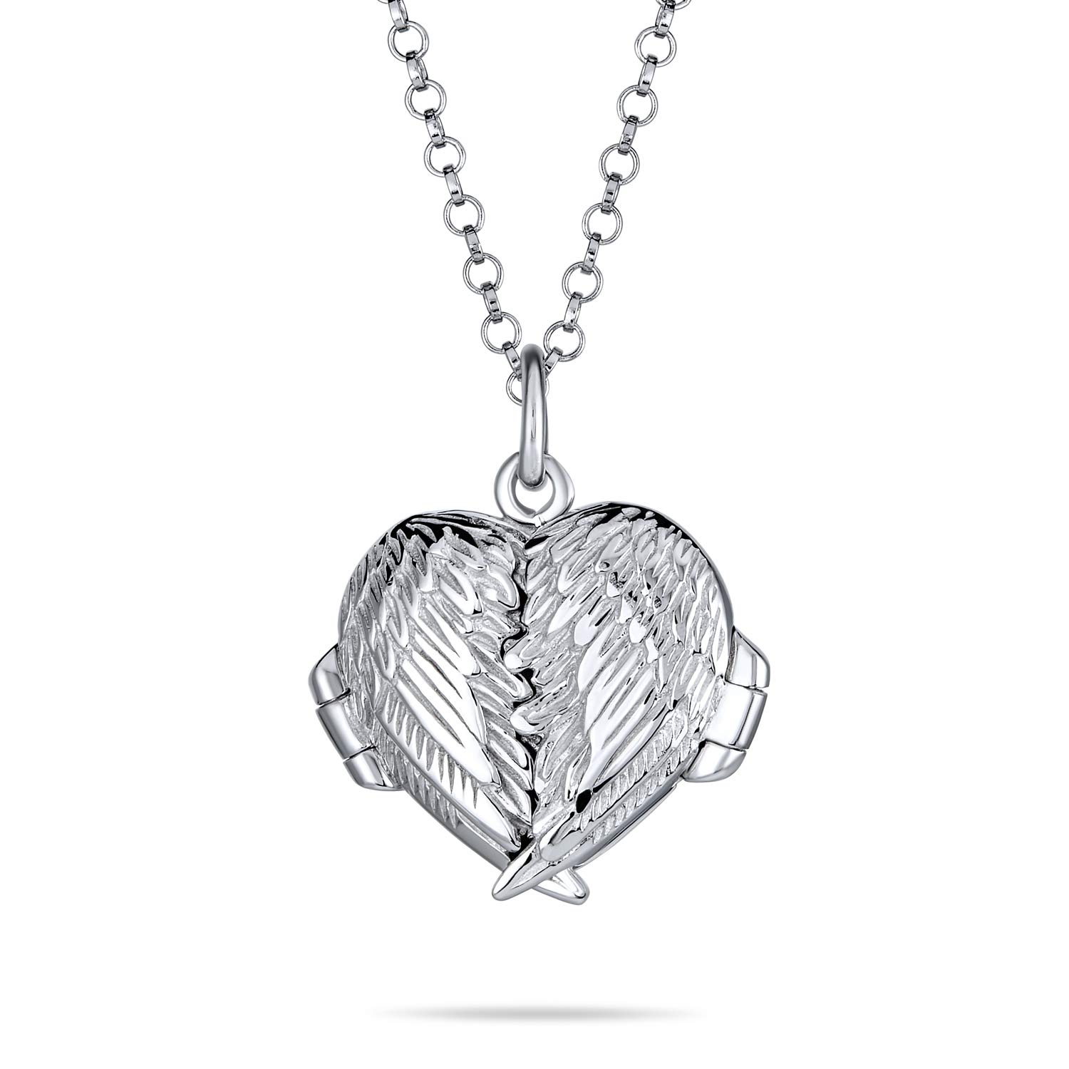 Personalize Vintage Style Dome Small Dome Protection Guardian Angel Wing Feathered Heart Shaped Keepsake Locket For Women Teens Holds Photos Pictures .925 Silver Necklace Pendant Customizable