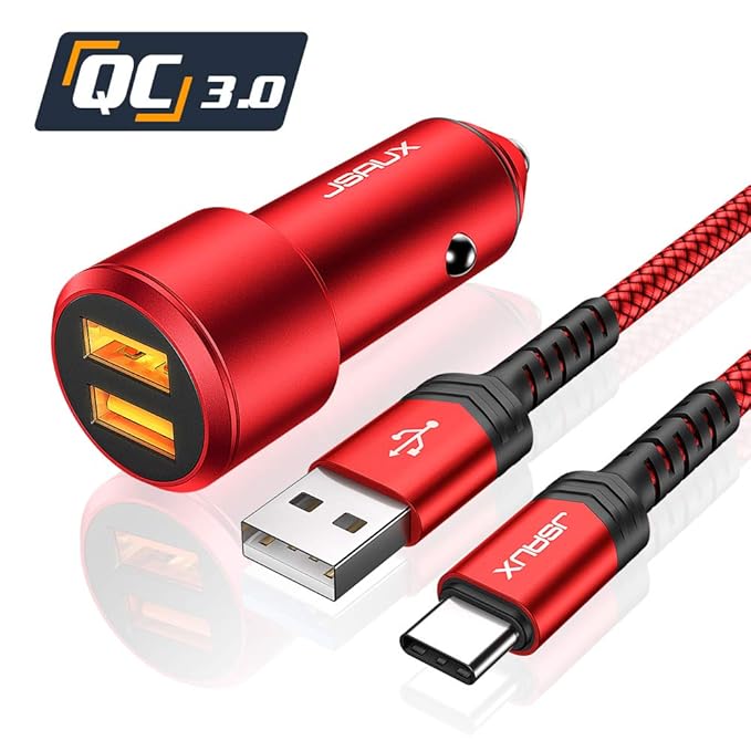 JSAUX Auto Ladegerät, 36W 12V/3A 2-Port Adapter Kfz Ladegerät mit Quick Charge 3.0 Aluminium-Legierung Gehäuse mit 1M Ladekab