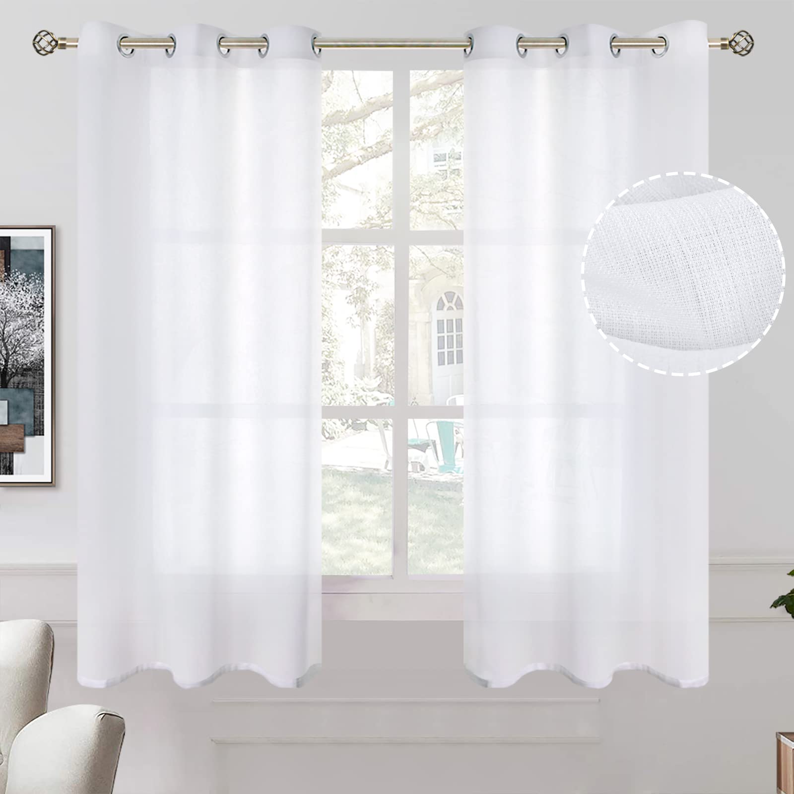 BGment Natural Linen Look Semi Sheer Curtains for Bedroom, Grommet Light Filtering Casual Textured Privacy Curtains for Living Room, 2 Panels (Each 42 x 63 Inch, White)