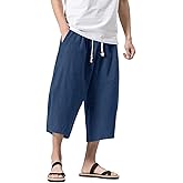MAGNIVIT Men's Linen Cotton Capri Pants Loose Fit Elastic Waist Wide Leg Baggy Harem Pants