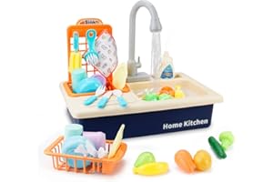 BOBXIN Play Sink with Running Water, Kids Play Kitchen Toy Sink Electric Dishwasher, Pretend Role Play Kitchen Toys Set with Upgraded Working Faucet and Dishes Playset for Girls, Toddler and Boys