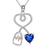 HKPATOP Stethoscope Necklace for Women 925 Sterling Silver Blue Heart Pendant Graduation Jewelry Gift for Nurse Doctor Medical Student RN