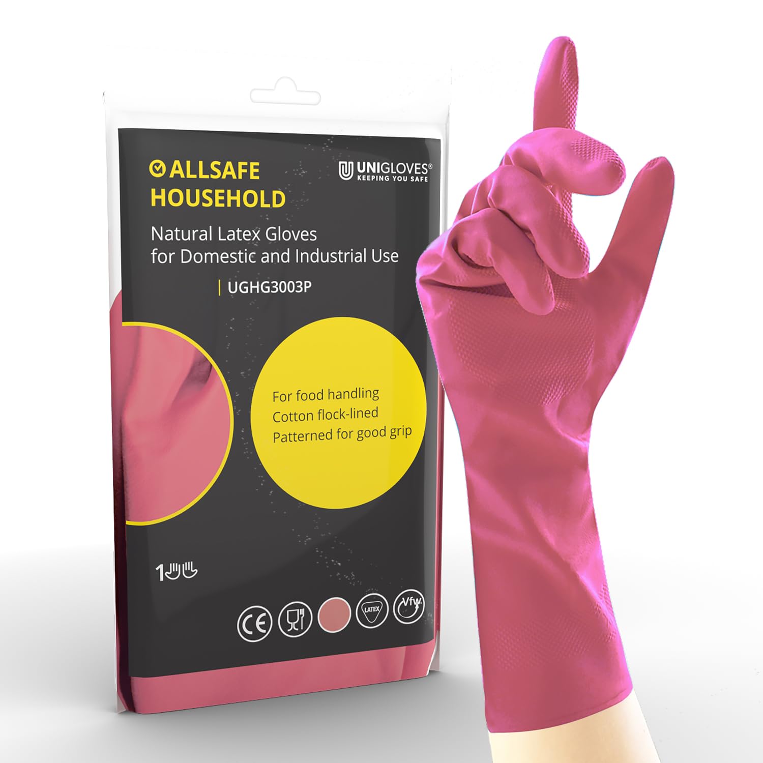 Unigloves Unicare UGHG3003P Household Gloves - Powder Free, Reusable Latex Gloves, 1 Pair, Pink, Medium — image 1