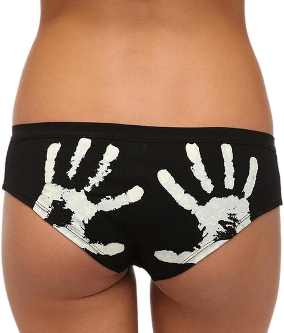 Snowfoller Women Black Funny T-String Pow Letter Hands Printed Thong Knickers Mid-Waist Underwear Comfies Cotton Brief (Black A, M)