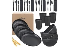 WWYYBFK Wheat Straw Dinnerware Sets, 28PCS Plastic Plates and Bowls Sets College Dorm Room Essentials Dishes Set with Cutlery Set Microwave Safe (Black)