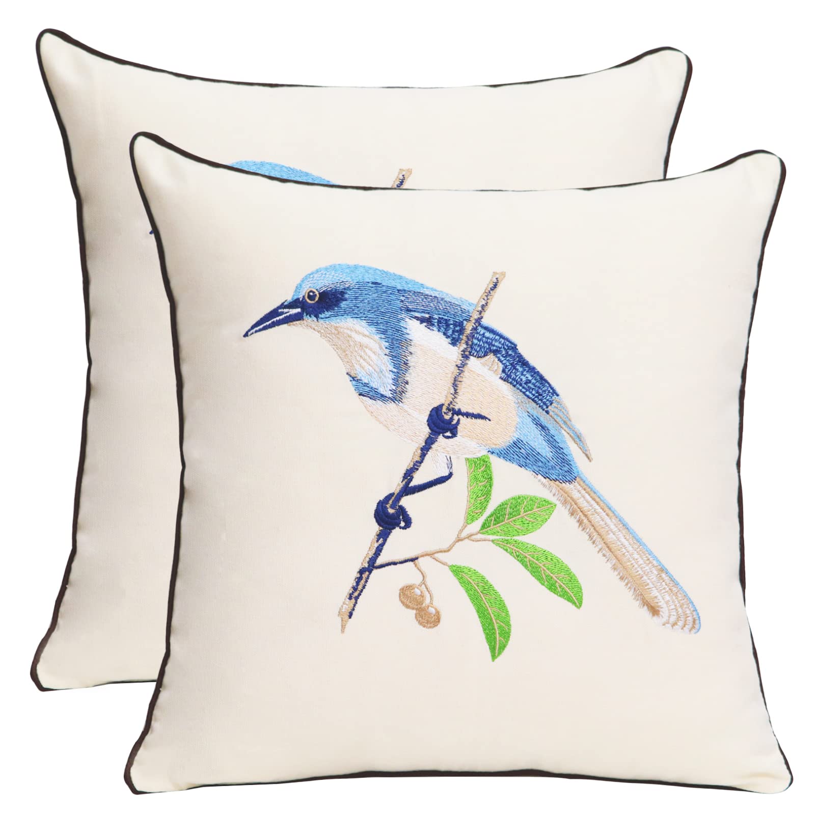 Pilmandu Set of 2 Embroidered Decorative Throw Pillow Covers 45x45cm Couch Square Pillowcases Cushion for Bedroom Sofa Farmhouse Decor (Blue Bird) โ image 1
