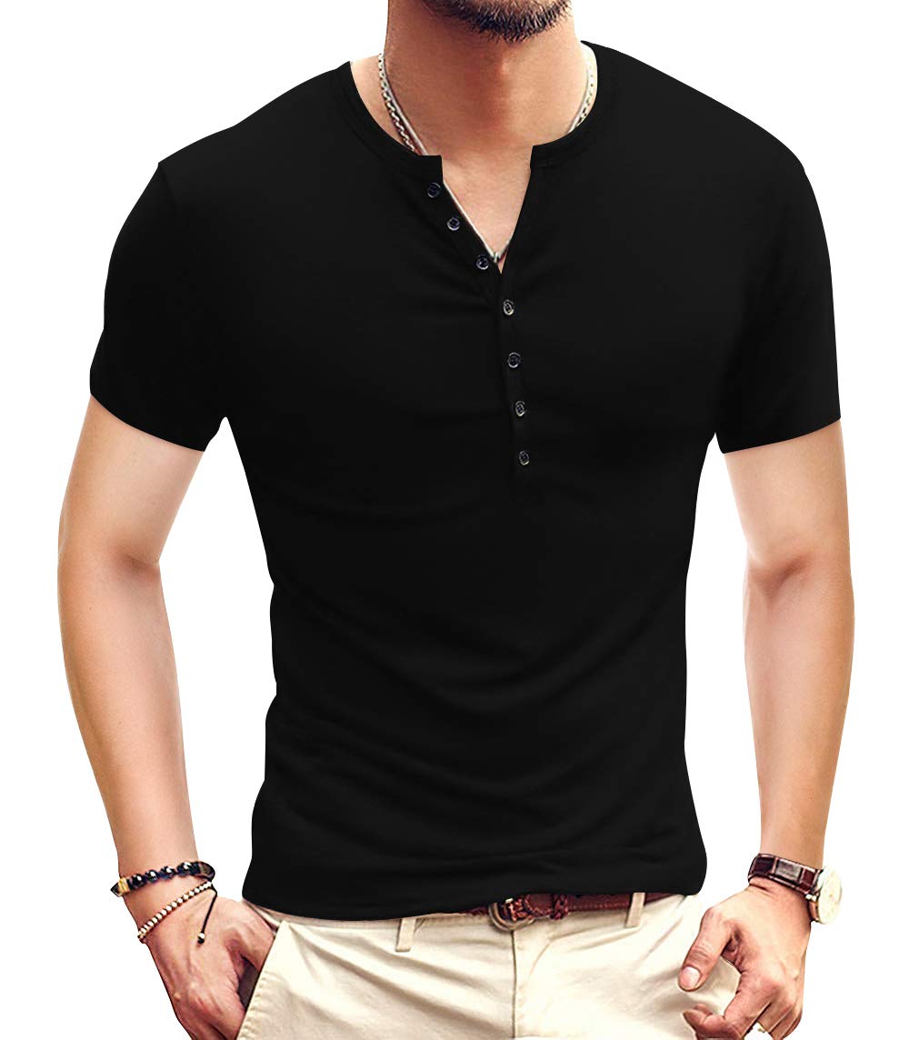 Photo 1 of YTD Mens Casual Slim Fit Basic Henley Short Sleeve Fashion Summer T-Shirt S Black