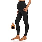Foucome Women's Maternity Fleece Lined Leggings with Pockets Over The Belly Pregnancy Winter Warm Workout Yoga Pants