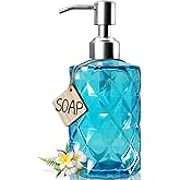 JASAI Diamond Design Soap Dispenser with 304 Rust Proof Stainless Steel Soap Pump, 12 Ounce Kitchen Soap Dispenser for Bathroom, Hand Soap, Dish Soap (Clear Blue).