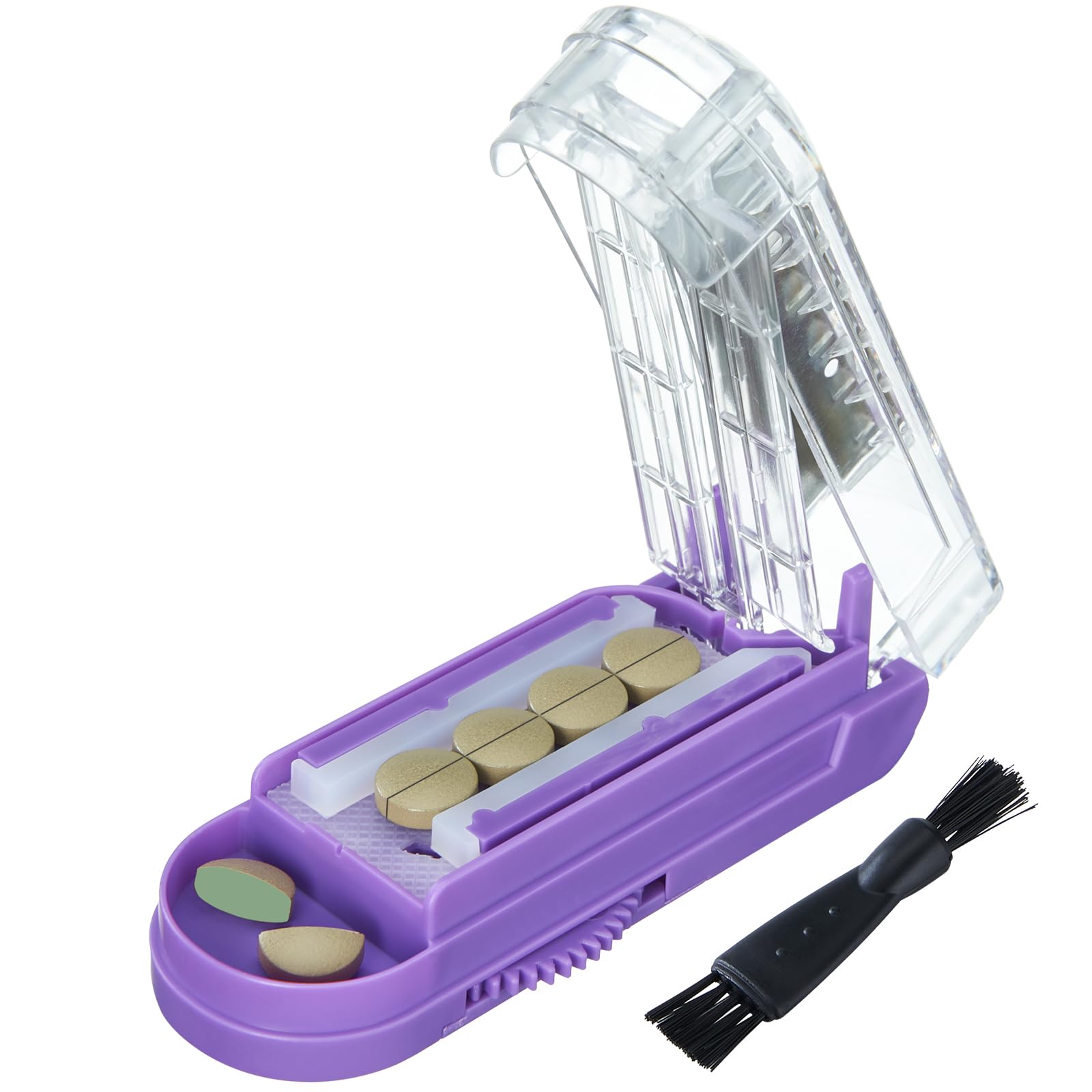 Photo 1 of Pill Cutter for Multiple Pills at a Time, Pill Cutter Splitter for Small and Tiny Pills, Pill Cutter for Small or Large Pills, Pill Splitter with Hidden Sharp Stainless Steel Blade (Purple+Clear)