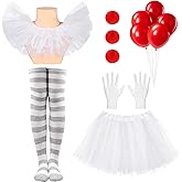 JcHrmers 6Pcs Halloween Clown Cosplay Set for Women Including White Tutu Skirt White Gloves Collar Grey Striped Socks for Halloween Cosplay Supplies