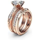AZQ 925 Sterling Silver Fashion 18k Rose Gold Bride Ring Round Cut Cubic Zirconia Anniversary Promise Rings Set CZ Classic Eternity Engagement Wedding Band Ring for Women