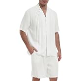 MoFiz Men's Linen Sets 2 Pieces Summer Vacation Party Beach Outfits Short Sleeve Button Down Shirts and Pants Set