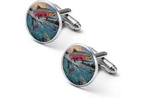 Trout Fish Jumping Out of The Lake Cuff Links Mens Dress Shirts Classic Stainless Steel Round Cufflinks for Business Wedding