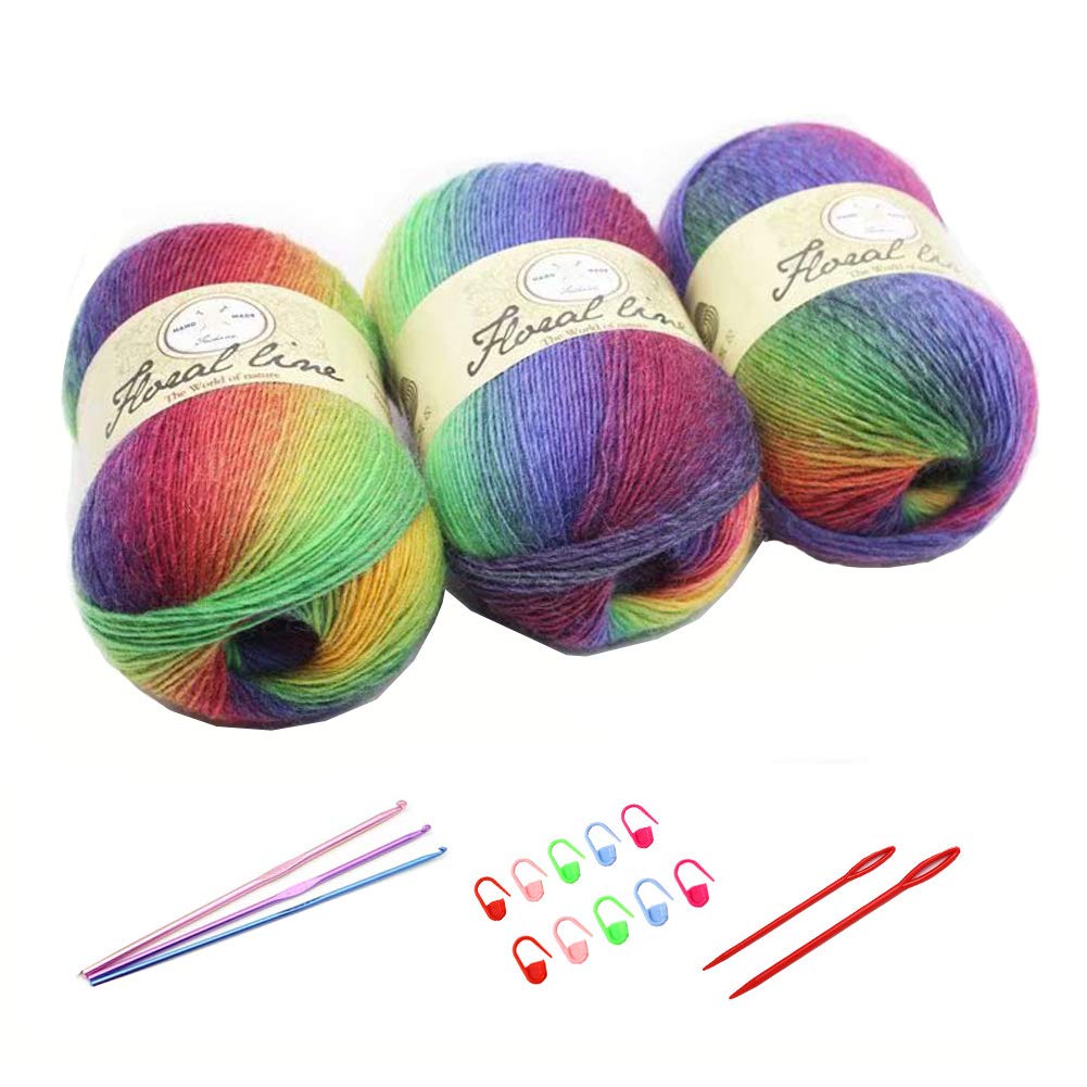 3X 100g Rainbow Wool Yarn Balls Chunky Knit Double Pom Pom Coloured Chunky Wool with 3 Crochet Hooks, 2 Needles, 10 Crochet Locking Stitch Markers for Beginners (212)