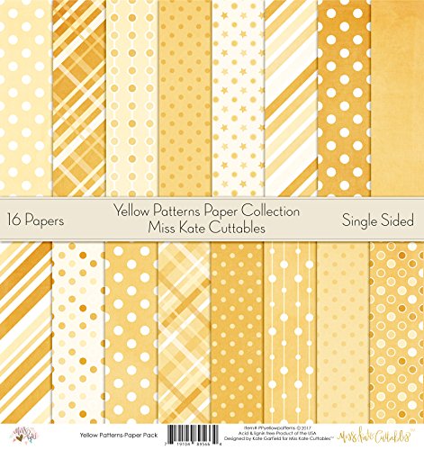 Yellow Patterns Printed Scrapbook Paper Set By Miss Kate Cuttables: Craft Supplies For Scrapbooking, Single- Sided 12x12 Decorative Cardstock Collection Kit Wrapping Paper Baby Boy Girl Theme-Pack 16