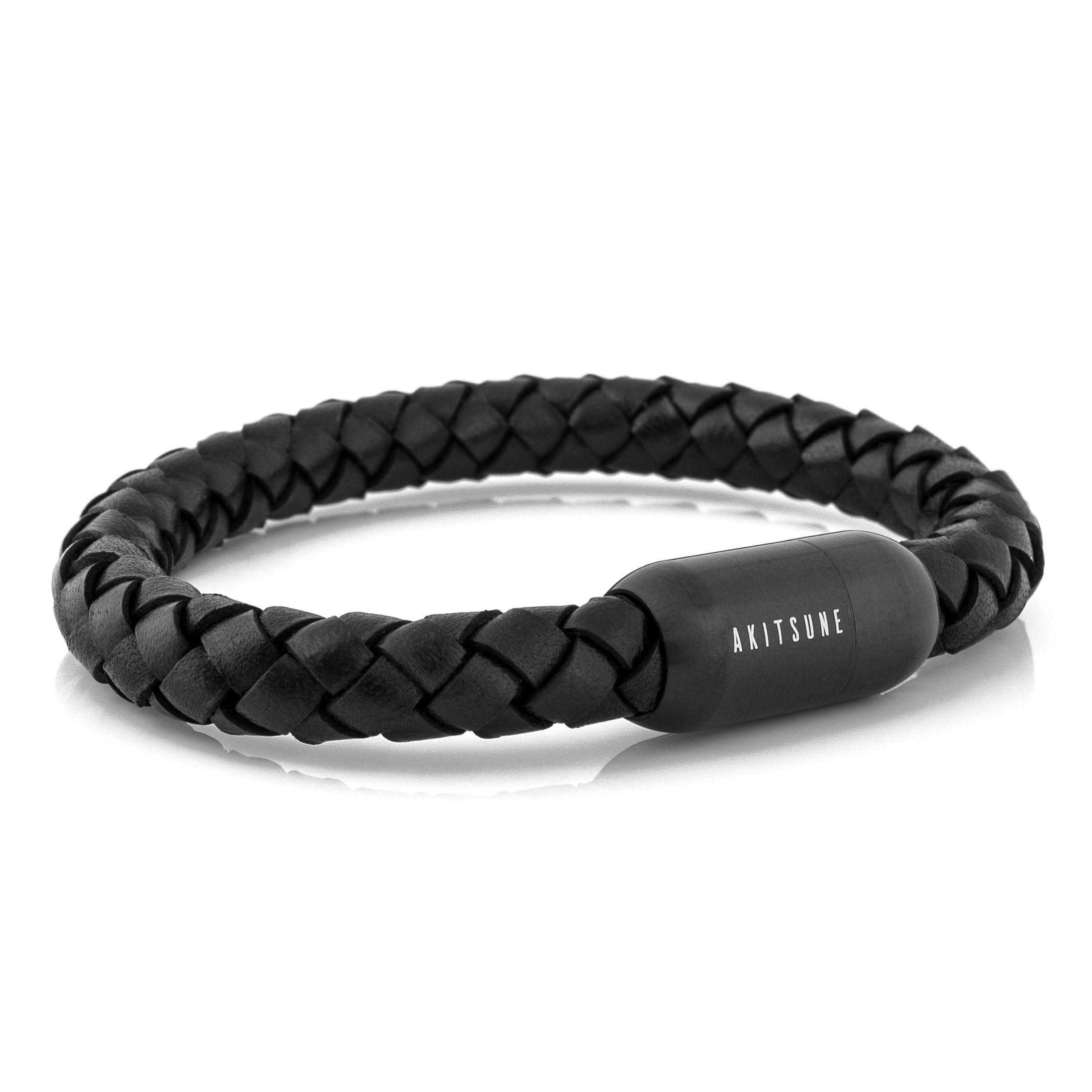 Akitsune Portus Nautical Rope Leather Bracelet | Magnetic Capsule Closure Link Bangle Trinket Women Anchor Men Maritim - Matte Black-Black 19cm