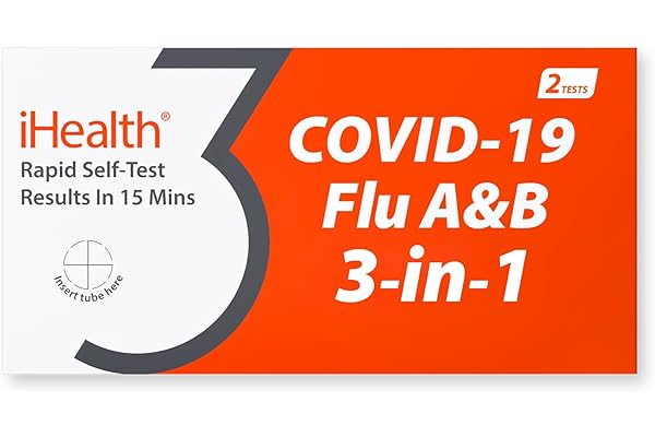 iHealth COVID-19, Flu A&B 3-in-1 Antigen Rapid Test, Results in 15 Minutes, FDA Authorized OTC Flu & COVID Home Test, with Non-invasive Nasal Swab, Easy to Use & No Discomfort (1 Pack, 2 Tests Total)